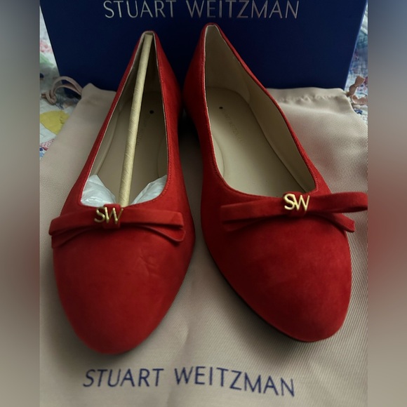 NEW Stuart Weitzman Jodie Red Suede Bow Flat, US Size 8 MSRP $350 - Picture 2 of 6